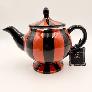 Arlington Design Well Dressed Home Orange Black Striped Ceramic Teapot Halloween